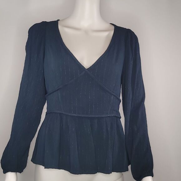 Knox Rose Deep Blue with Silver Thread Long Sleeve Blouse - Picture 1 of 11